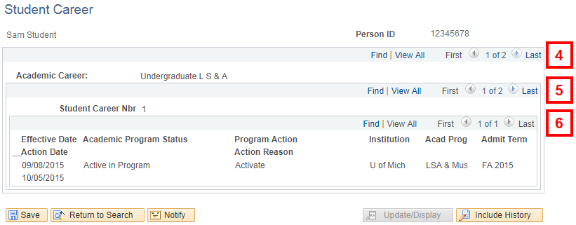 Student Career Page, field locations for steps 4-6