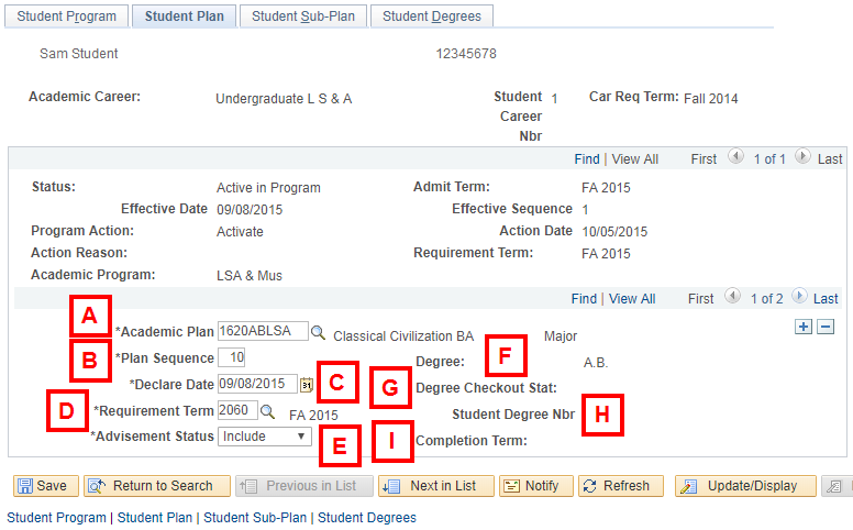 field locations on the Student Plan page