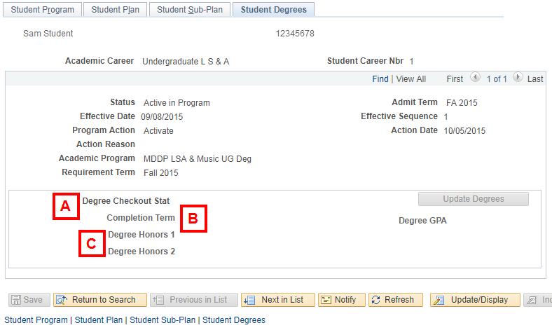 field locations on the Student Degrees page