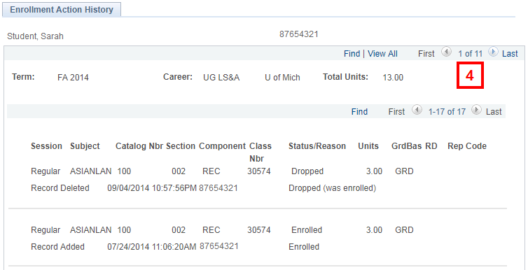 Enrollment Action History page