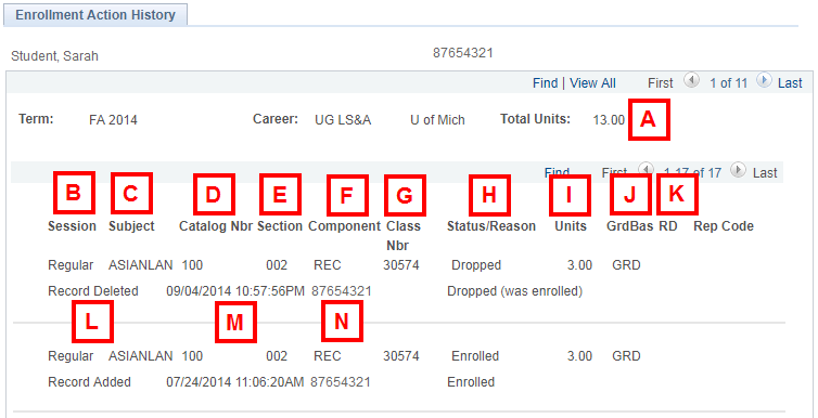 Enrollment Action History Page with Field Descriptions page