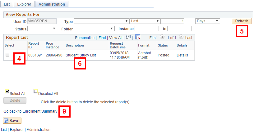 Report List page displaying steps 4-9