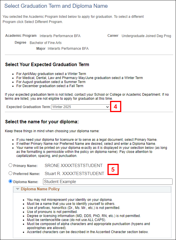 Select Graduation Term and Diploma Name screenshot.