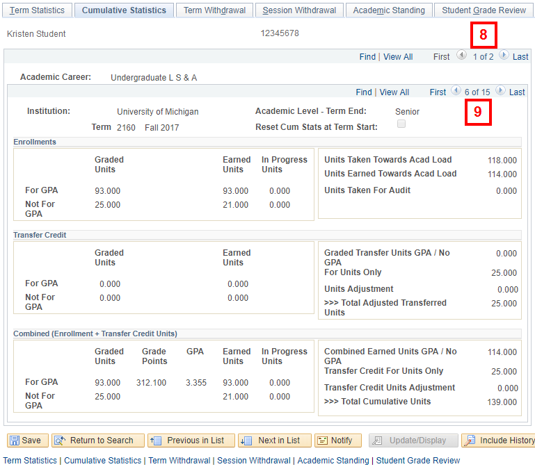 Cumulative Statistics page showing steps 8-9