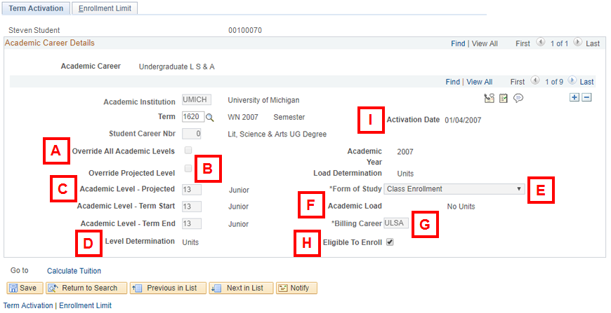 field locations on the Term Activation page