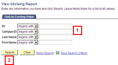 Find an Existing Value Page, field locations for steps 1-2