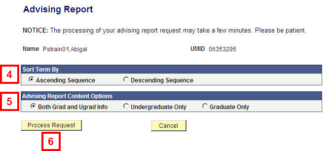 View Advising Report Results Options Page, field locations for steps 4-6