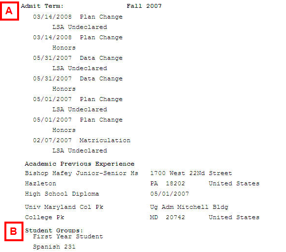 field locations on the Advising Report page