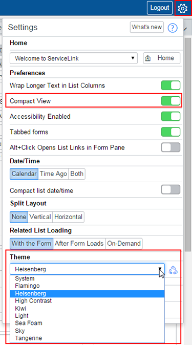 Screenshot of how to find the Compact View and Theme Settings
