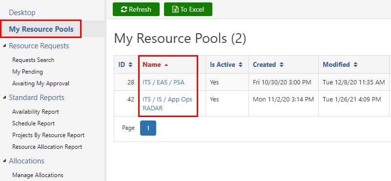 screenshot of My Resource Pools page