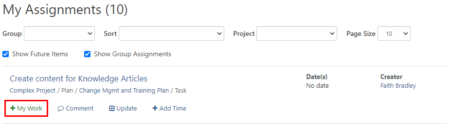 screenshot of my assignments page - add to my work button