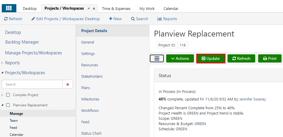 screenshot of project details - update button