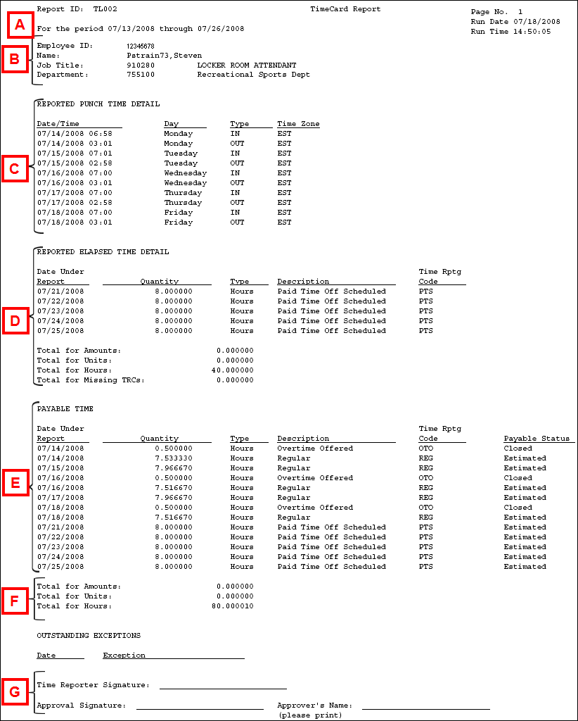 Screenshot of Time Card Report